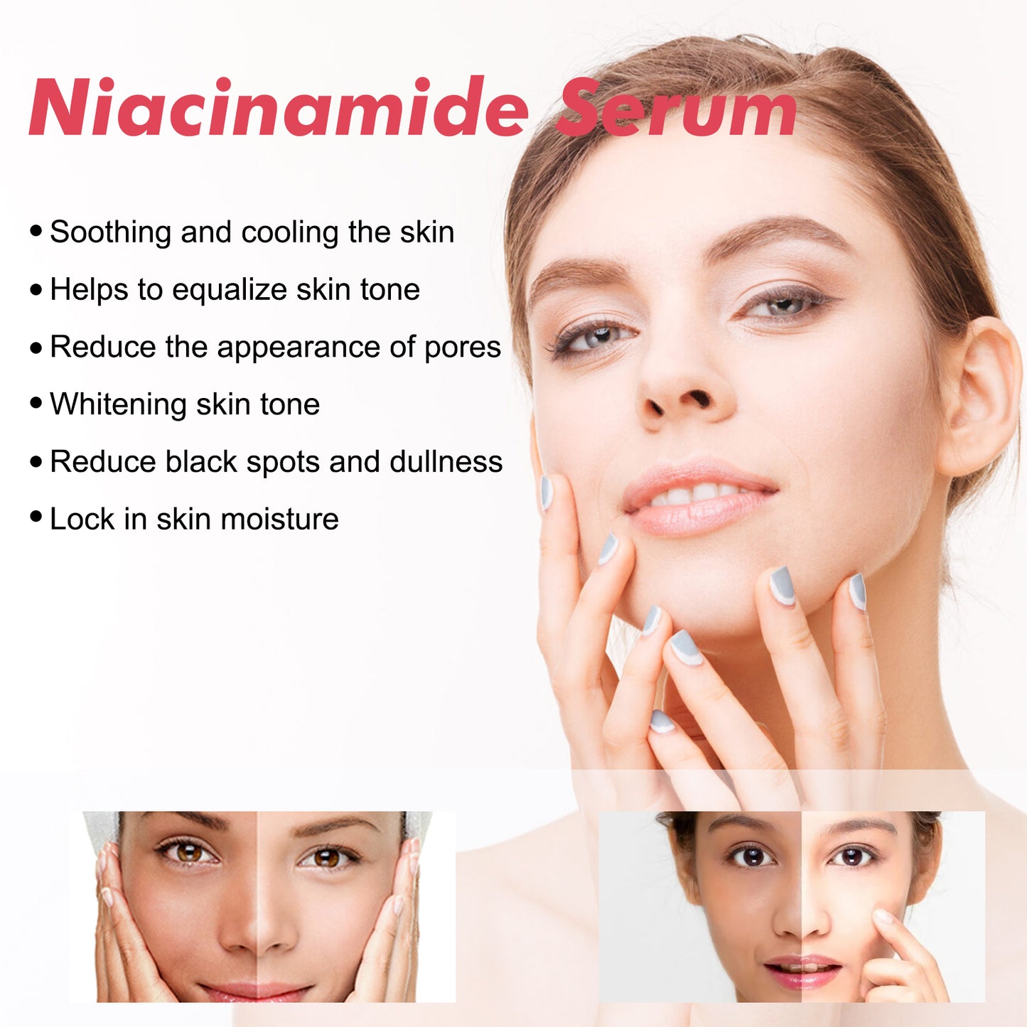 Niacinamide essence tightens and moisturizes pores, reduces acne marks, fine lines and spots, rejuvenates and hydrates the skin, and whitens the skin